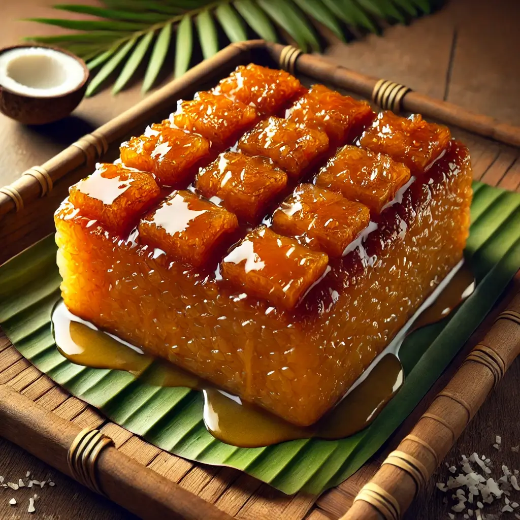 A Filipino dessert called Biko made of golden brown sticky rice cooked with coconut milk and brown sugar. It is served in squares on a banana leaf
